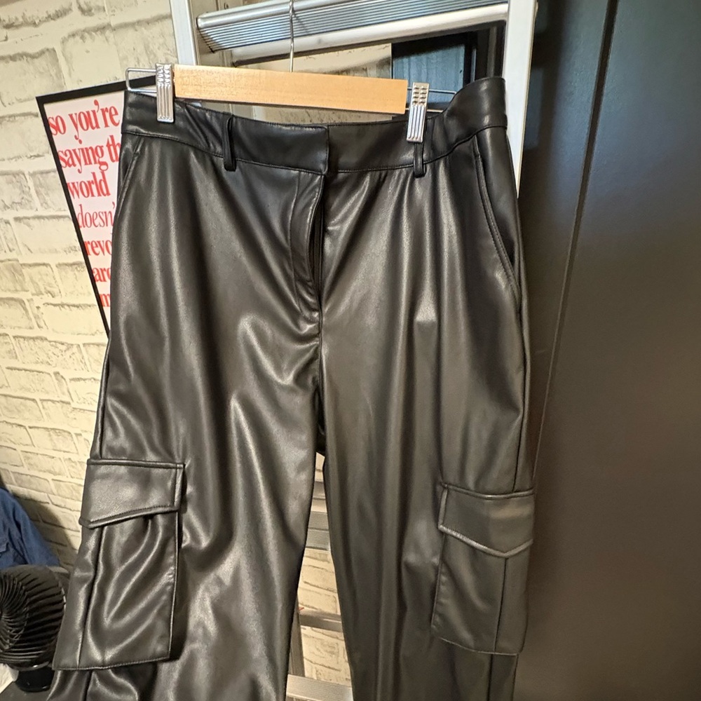 Black Faux Leather Cargo Pants